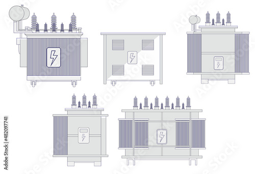 set of transformer electric or high voltage electric line icon or towers high voltage pylons power transmission or electric pylons pole network. eps vector
