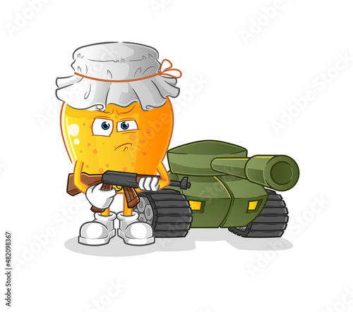 honey jar soldier with tank character. cartoon mascot vector