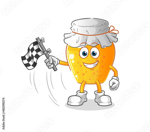 honey jar hold finish flag. cartoon mascot vector