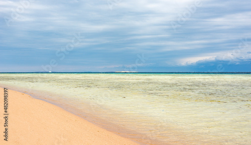  idyllic panorama of the red sea coast in sahl hasheesh area  with turquoise and blue clear water  light sand and clouds  similar to the maldives