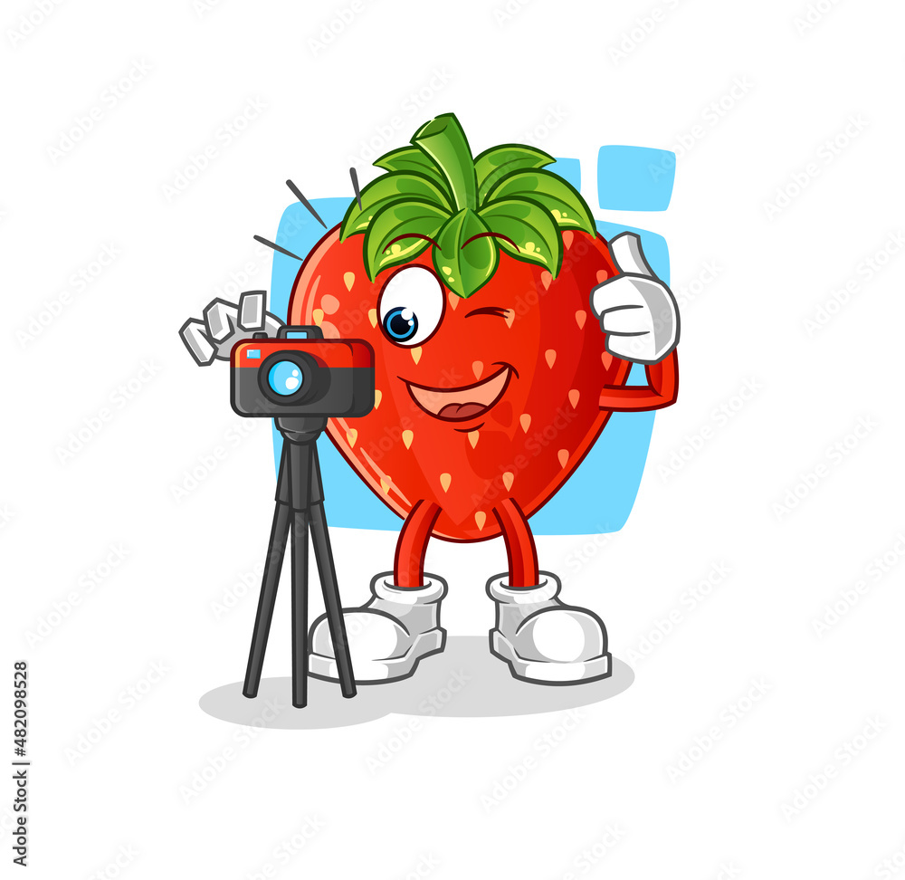 strawberry photographer character. cartoon mascot vector
