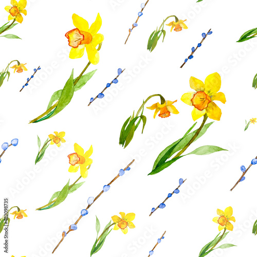 Watercolor field flowers. Spring yellow flowers with green leaves. Pattern realistic botanical illustration for Easter design.