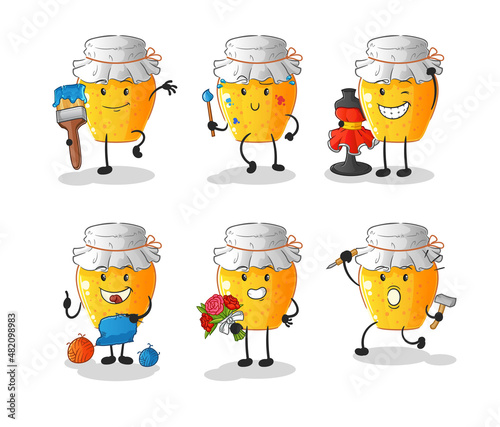 honey jar artist group character. cartoon mascot vector