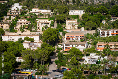 A view of the beach and buildings from the hotel in Canyamel, Mallorca, Spain