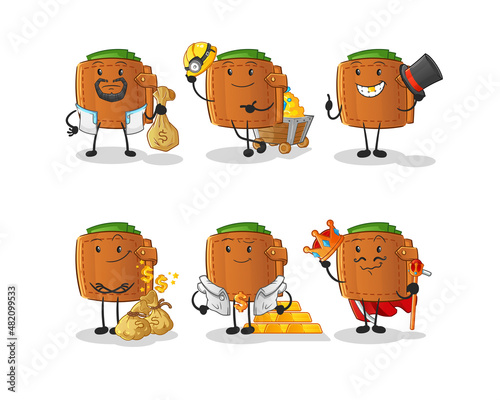 wallet rich group character. cartoon mascot vector