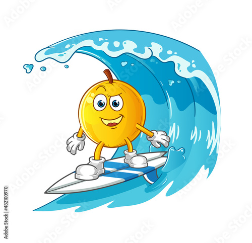 Photography langsat fruit surfing character. cartoon mascot vector