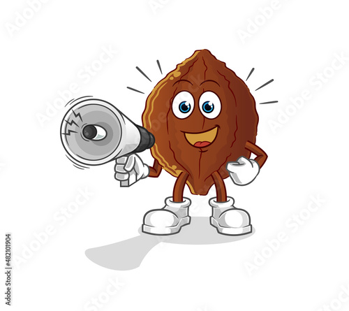 cacao holding hand loudspeakers vector. cartoon character