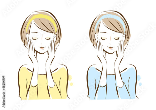 Vector illustration of a woman taking care of her skin　女性　美容スキンケア　ベクターイラスト