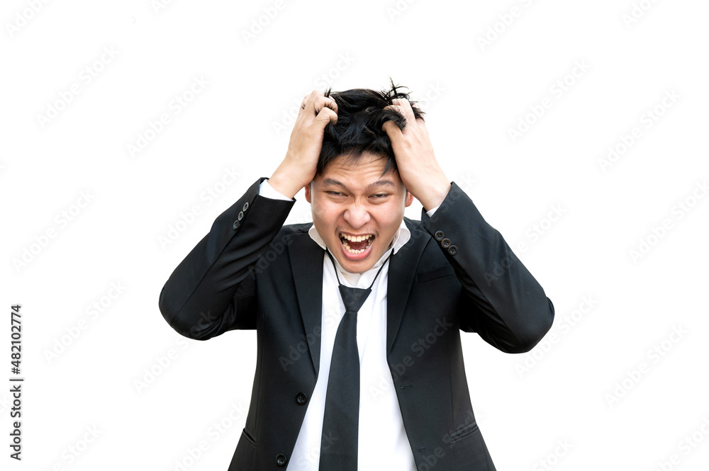 Stressful Job.Stressed Asian Businessman Head Having Problem isolated on white background.Crisis And Entrepreneurship Business Issues, Headache Concept Stressful Job.Stressed Asian Businessman Head Having Problem isolated on white background.Crisis And Entrepreneurship Business Issues, Headache Concept