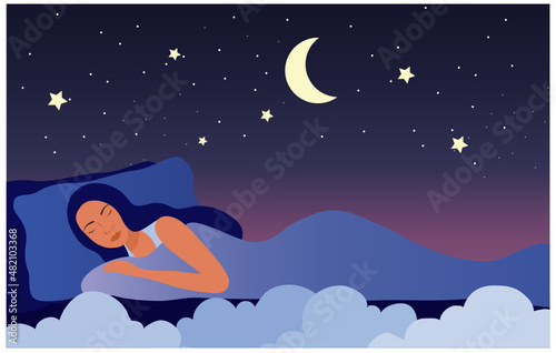 Healthy sleep concept, beautiful woman sleeping happily on bed at night time vector illustration