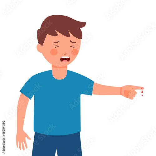 Boy child with hand finger bleed from kitchen knife cut in flat design. Wound on finger.