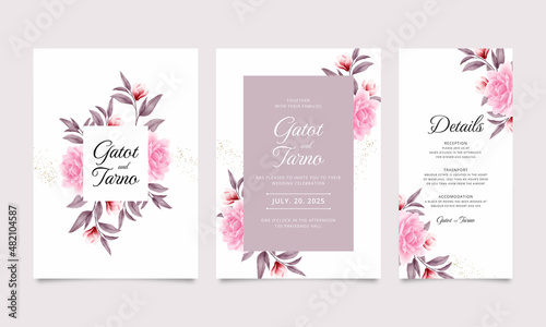 Beautiful template wedding invitation card set with watercolor roses and leaves
