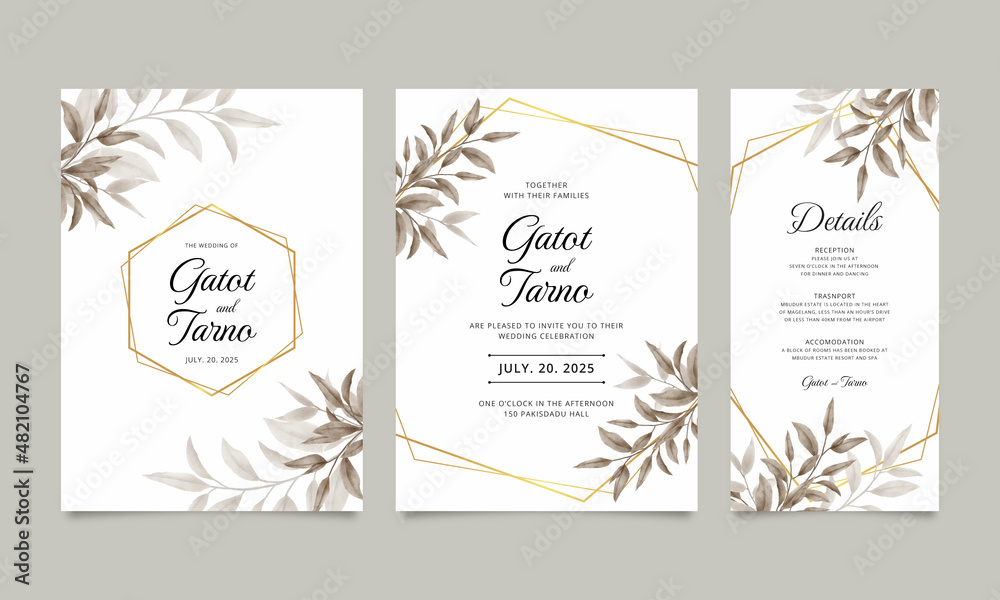 Set of wedding invitation templates with watercolor foliage and golden geometric frames