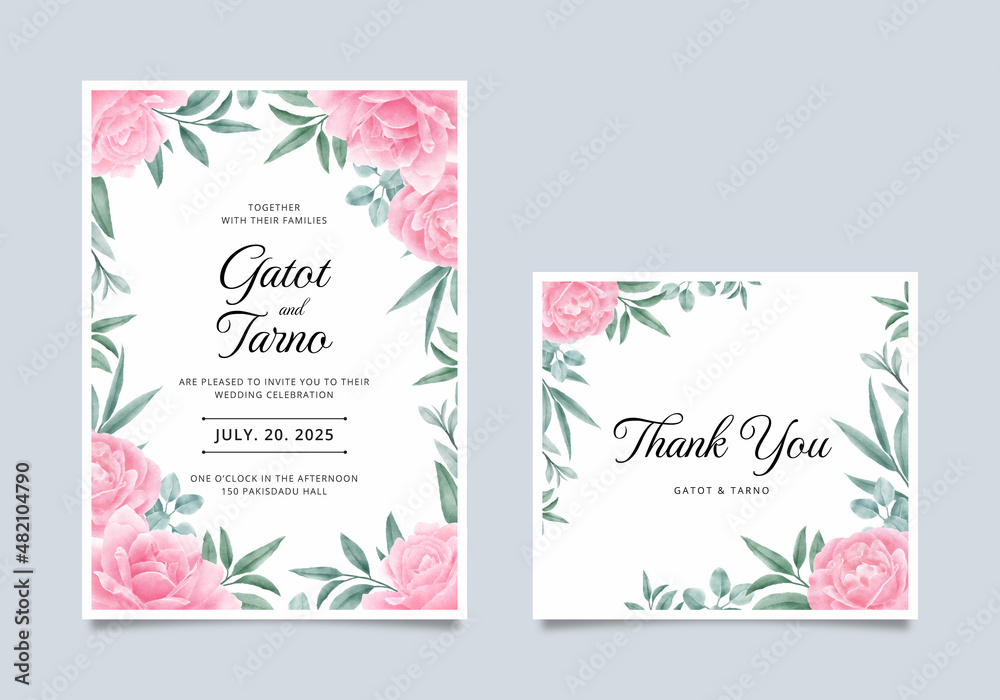 Wedding invitation template set in beautiful floral watercolor