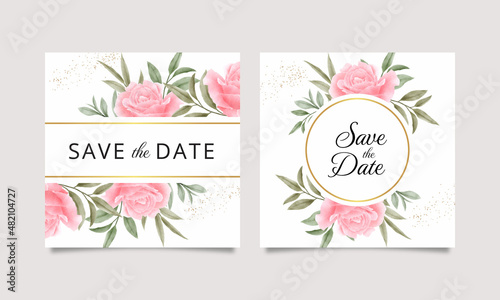 Save the date card set with watercolor flowers and leaves