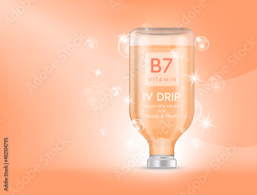 IV bag vitamin B7 dripping orange. Bottles of vitamins iv drip therapy minerals healthy for health and skin. Injection intravenous infusion of natural nutrients. Medical, beauty concepts. 3D vector.