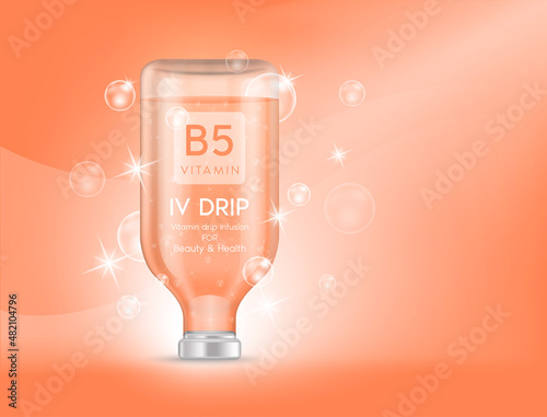 IV bag vitamin B5 dripping orange. Bottles of vitamins iv drip therapy minerals healthy for health and skin. Injection intravenous infusion of natural nutrients. Medical, beauty concepts. 3D vector.
