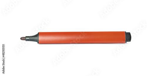 Bright color marker on white background, top view. School stationery