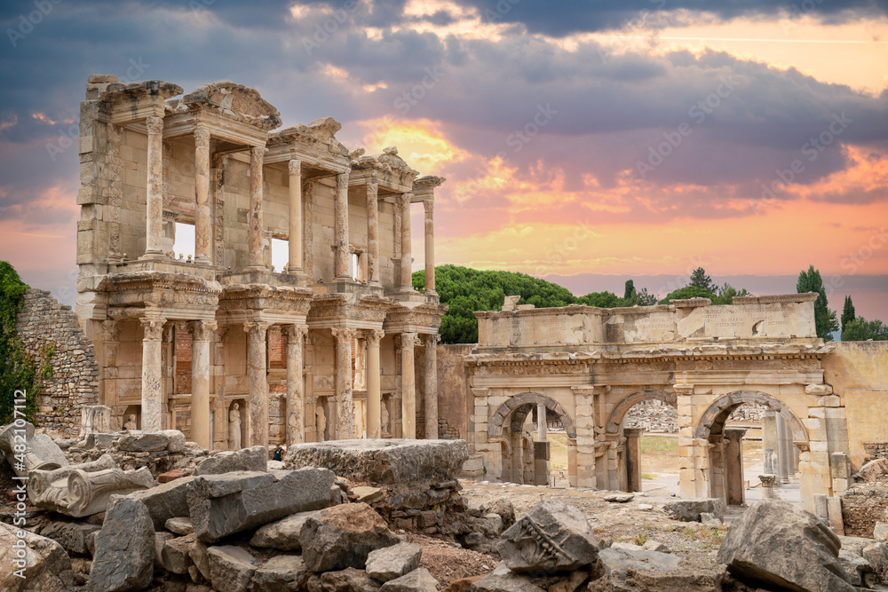 Celsius Library in ancient city Ephesus (Efes). Most visited ancient city in Turkey, sunset in the background. Selcuk, Izmir TURKEY