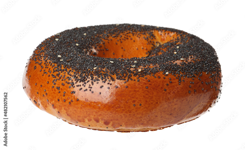 Delicious fresh bagel with poppy seeds isolated on white Delicious fresh bagel with poppy seeds isolated on white