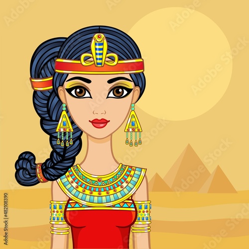 Animation Egyptian princess in ancient clothes and gold jewelry. Hair locon of youth. Queen, goddess, princess. Vector illustration. Background - desert landscape, pyramids.