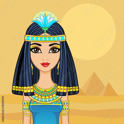 Animation portrait Egyptian  girl in ancient clothes with a papyrus flower on the head. Queen, goddess, princess. Vector illustration. Background - desert landscape, pyramids.