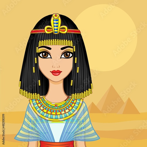 Animation Egyptian princess in ancient clothes and wig, gold jewelry. Queen, goddess, princess.Vector illustration. Background - desert landscape, pyramids.