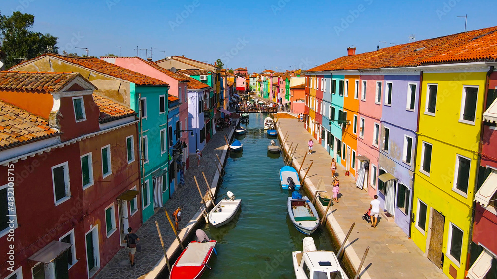 Aerial View of Burano Island's Colorful Buildings in Venice