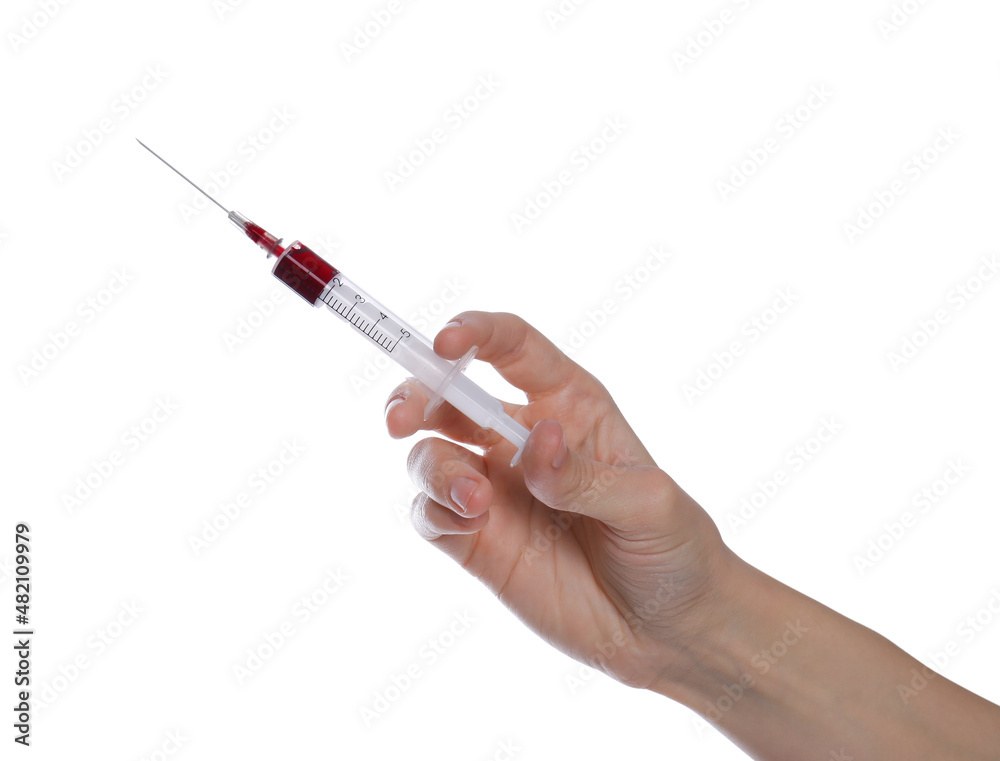 Woman holding syringe with blood on white background, closeup Woman holding syringe with blood on white background, closeup