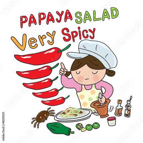 Cartoon little cute girl chef cooking thai food papaya salad, illustrator vector cartoon drawing