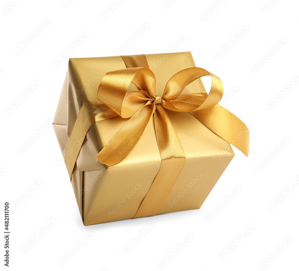 Gift box with golden ribbon and bow on white background