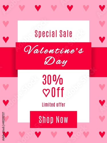 Special sale valentine's day 30% off limited offer, shop now. Thirty percent off, valentines day discount banner.