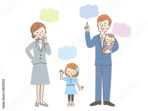 笑顔のスーツ姿の男女と子供達