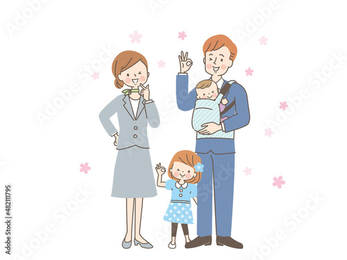 春に出かけるスーツ姿の笑顔の両親と子供達