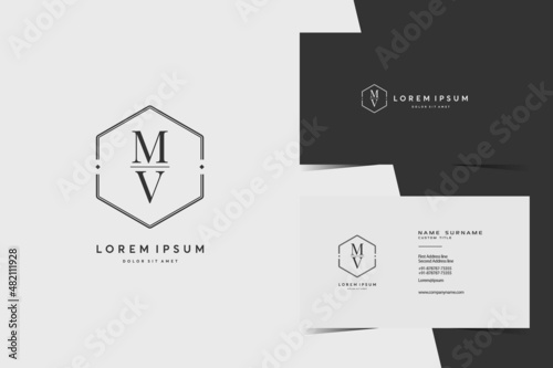simple hexagon MV monogram logo icon. Modern elegant minimalist design with professional business card template
