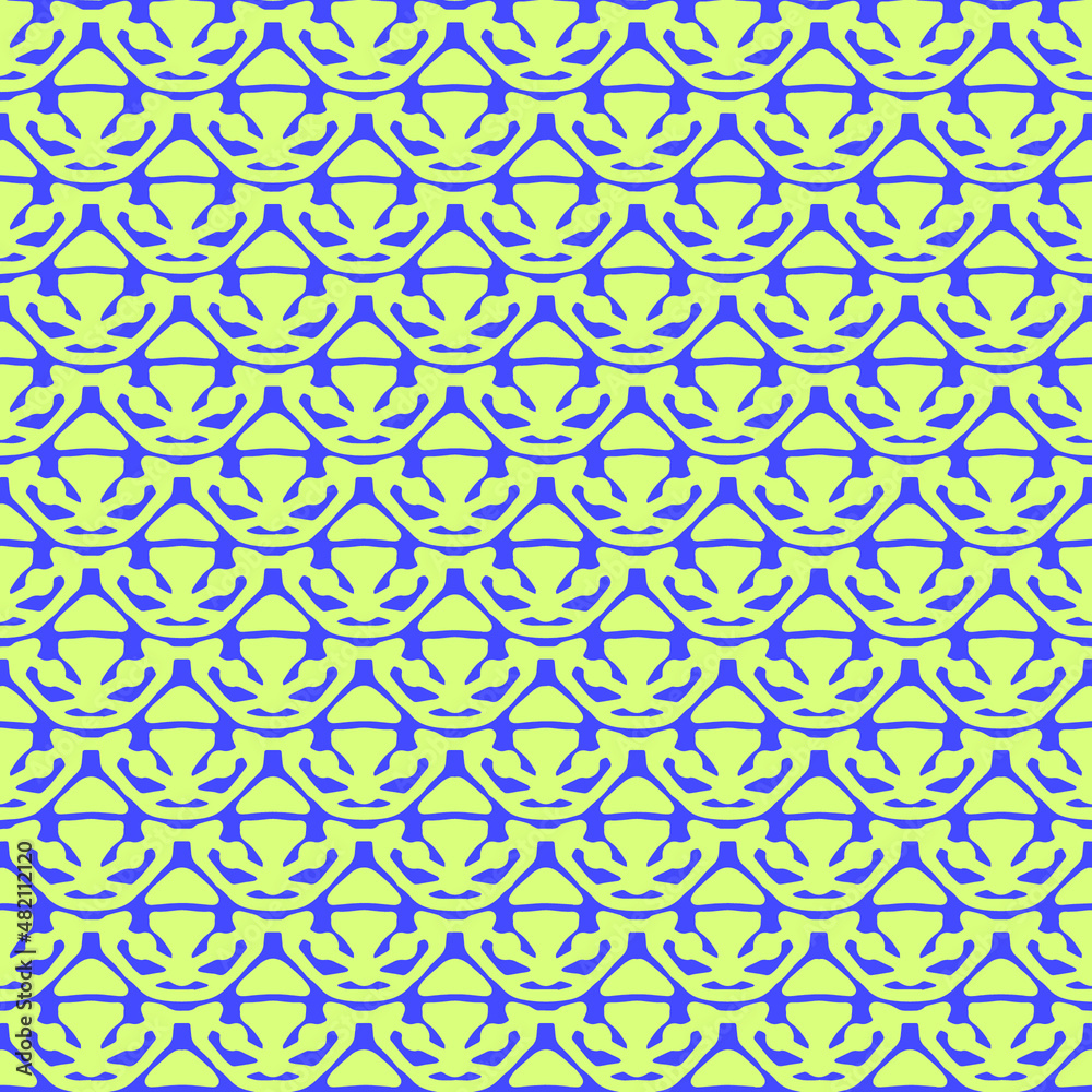 geometric pattern with abstract ornaments in lemon green and blue colors, vector tile, modern pattern