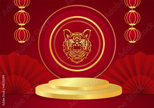 Chinese new year 2022 year of the tiger on red background. Podium with golden border for product on red background, Chinese Theme, Sale
