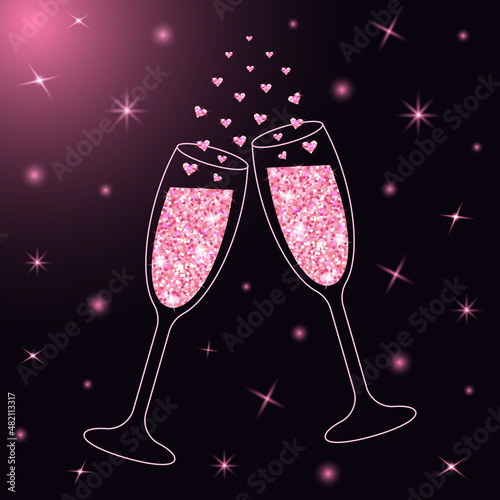 Two sparkling glasses of champagne with pink glitter and heart bubbles. Colorful dark background with stars light. Celebration concept.