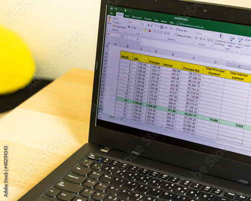 Shot of an excel sheet on computer screen showing bank loan amortization table. Accounting