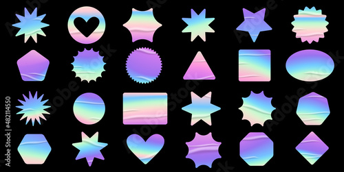 Holographic stickers set. Geometric shapes label with rainbow hologram and wrinkles. Vector elements for modern trend design.