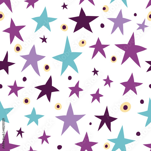 Simple pattern with stars. Seamless background in blue, lilac and purple colors.