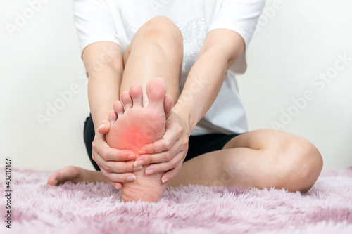 woman's leg hurts, pain in the foot Joint diseases and plantar fasciitis soles of feet photo