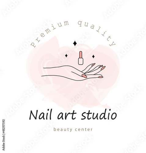 Vector logotype design for nail art studio. Modern design for manicure and pedicure salon beauty and spa center. Linear icon isolated on pink watercolor background.