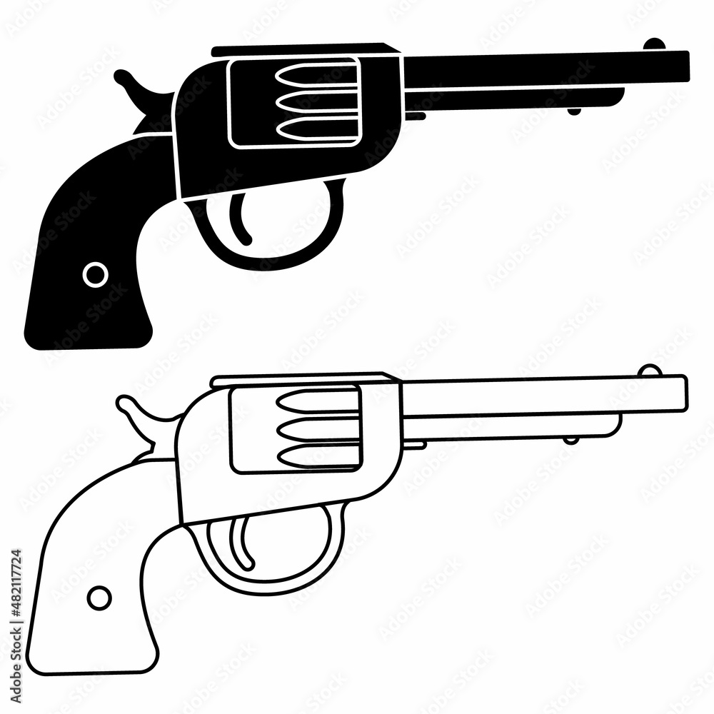 Revolver silhouette and contour isolated on white background, vector