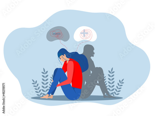 woman unhappily  loneliness, emotion and depression .depression, thinking about problems, sad expressions.Bipolar disorder; Psychology vector illustrator
