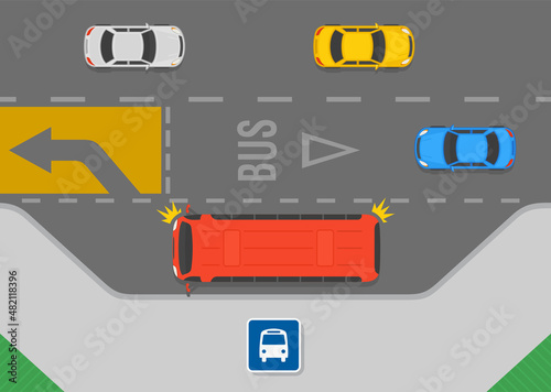 Safety driving and traffic regulating rules. Give way and priority to buses when they are signaling to pull away from stops. Top view of a city road. Flat vector illustration template.
