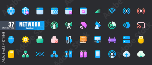 24x24 Pixel Perfect. Network and Connection Essential Set. Flat Gradient Color. For App, Web, Print. Round Cap and Round Corner. Ready to use and Easy to Customize.