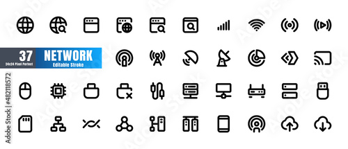 24x24 Pixel Perfect. Network and Connection Essential Set. Line Outline Icons. For App, Web, Print. Round Cap and Round Corner. Ready to use and Easy to Customize. Editable Stroke