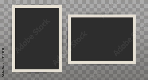 Two old photographs with shadows. Old photo frame template. 3D realistic vector illustration.