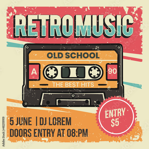 party flyer or poster template with cassette in vintage style